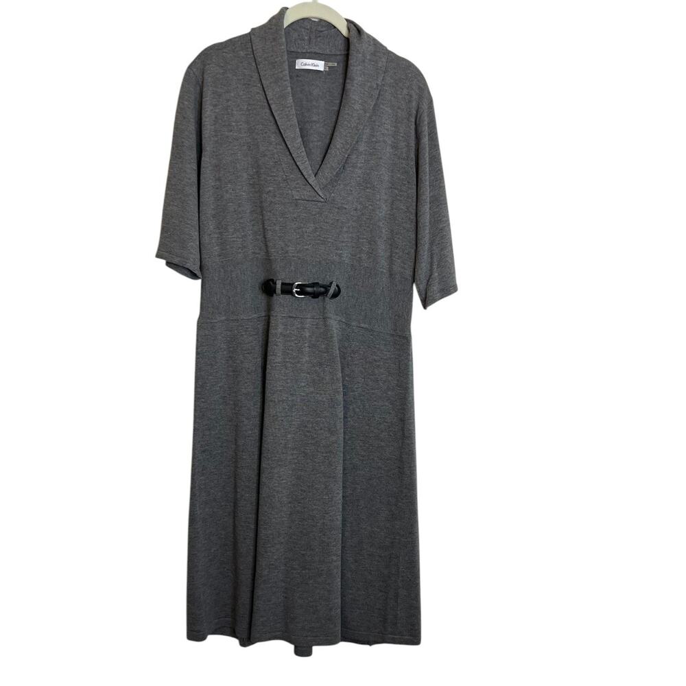 Calvin Klein Gray Knit Midi Sweater Dress XL Black Belt Trim Surplice Neckline
